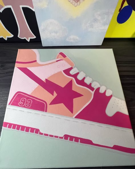 Painting Ideas On Canvas Baddie, Shoe Painting Ideas On Canvas, Hypebeast Painting Canvas, Bape Paintings, Kaws Sketch, Kaws Painting, Noodle Art, Shoe Painting, Cute Easy Paintings