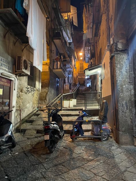 Alleyway in naples italy at night, graffiti, stairs, motorcycle. grunge aesthetic. Europe Grunge Aesthetic, Italian Neighborhood Aesthetic, Italian Grunge Aesthetic, Italy Alleyway, Italian Alleyway, East Europe Aesthetic, Naples Italy Aesthetic, Italian Childhood, Old Italian Aesthetic