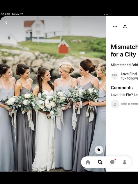 Gray Bridesmaid Dresses, Gray Wedding Colors, Women Standing, Grey Bridesmaids, Dusty Blue Bridesmaid Dresses, Mismatched Bridesmaids, Wedding Dress Guide, Grey Bridesmaid Dresses, Bridesmaid Dress Colors