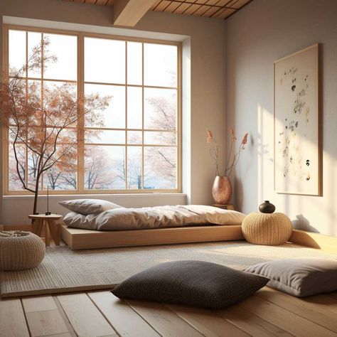 Japanese Small Bedroom Ideas, Zen Interiors Bedroom, Japanese Aesthetic Interior, Japanese Minimalism Bedroom, Japanese Style Condo, Unusual Interior Design, Japanese Wall Panel, Japanese Inspired Bedroom Small Spaces, Bedding Comforter