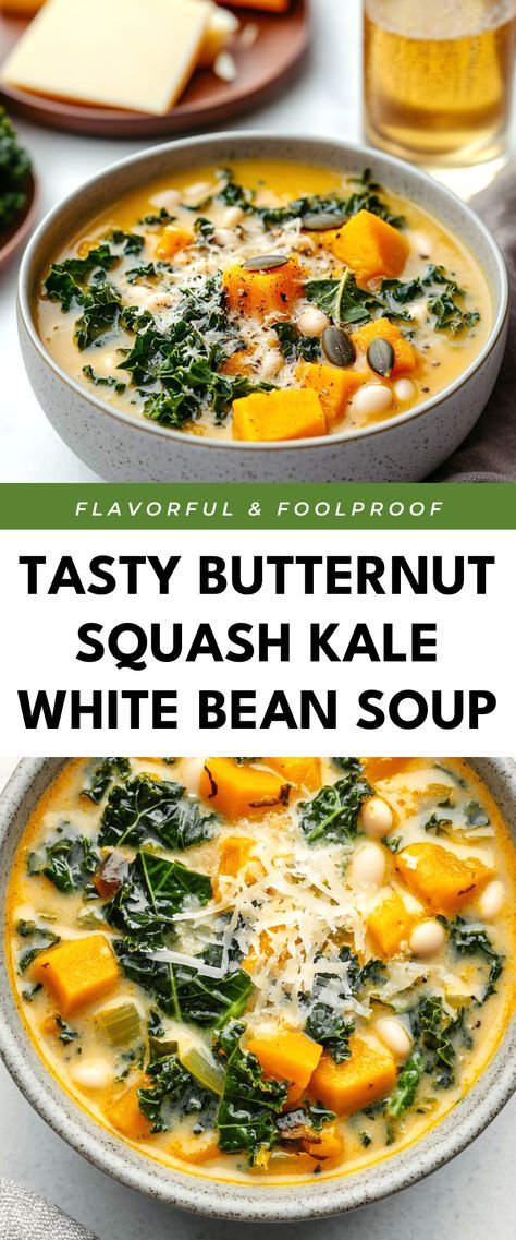 Warm up with the Best Butternut Squash Kale White Bean Soup! It's creamy, nourishing, and packed with veggies—perfect for cozy nights in or as a healthy lunch option to impress your friends. Nourishing Soups Healthy, Vegan Squash Soup Recipes, Kale Squash Soup, Recipes With Butternut Squash Soup, Kale And Squash Soup, Butternut Squash Kale White Bean Soup, Butternut Squash And Kale Soup, White Bean Butternut Squash Soup, Soup With Squash In It