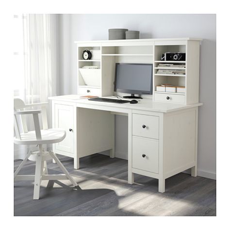 HEMNES Desk with add-on unit IKEA Solid wood is a durable natural material. You can mount the drawers to the right or left, according to your needs. Painted Desk Top, Ikea Hemnes Desk, Hemnes Desk, Ikea Office Desk, Ikea Office, White Desk Office, Ikea Desk, Ikea Hemnes, White Desk