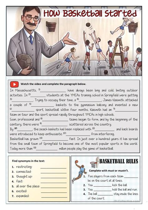 VIDEO TASK - HOW BASKETBALL STARTED - English ESL Worksheets for distance learning and physical classrooms Basketball Worksheets, English Class Activities, Sport English, English Units, English Learning Books, English Teaching Resources, Listening Comprehension, English Games, Grammar Practice