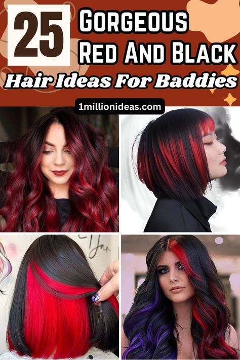 25 Gorgeous Red And Black Hair Ideas For Baddies Red Cherry Highlights On Black Hair, Dark Brown Hair With Red Halo, Black And Burgundy Hair Peekaboo, Red Dye On Dark Hair, 2 Tone Red Hair, Dyed Hair Red And Black, Red On Top Black On Bottom Hair, Black Hair With Red Ends, Red With Black Hair