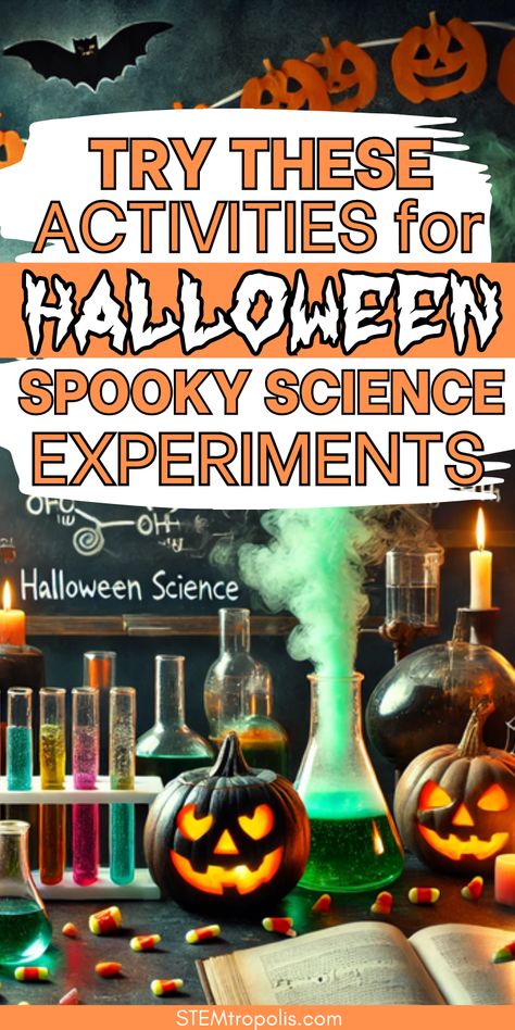 Looking for spooky science fun this October? Try our Halloween science experiments for kids! These Halloween STEM challenges and spooky STEM activities are perfect for preschool through elementary. Engage students with classroom experiments that combine science with Halloween fun. Ideal for Halloween classroom activities or party fun, these STEM October activities make science exciting and memorable. Don't miss out on these fun Halloween science activities for kids! 🎃👻 Halloween Preschool Science Experiments, Spooky Science Experiments For Kids, Party Science Experiments, Halloween Experiments For Kids, Halloween Stem Activities For Kids, Fall Science Experiments For Kids, Halloween Science Experiments For Kids, Expirements For Kids, Classroom Experiments