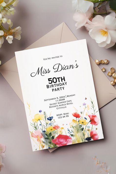 A floral invitation for a birthday party during spring Miss Dior Millefiori Garden, Dior Inspired Party, Millefiori Garden, Dior Millefiori, 50th Birthday Invite, Digital Save The Date, Birthday Brunch, Brunch Invitations, Garden Inspired