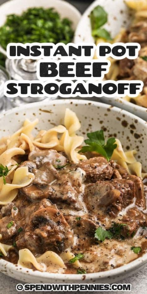 Make this instant pot beef stroganoff recipe for a hearty and comforting meal that the whole family will enjoy. Fork-tender meat and a savory mushroom sauce are what make this dish so delicious. And with the help of the Instant Pot, this is so easy and quick to make. Serve over a bed of noodles or rice, or for keto lovers some zucchini noodles, or riced cauliflower. #instantpotbeefstroganoff #beefstroganoffinstantpot #beefstroganoff #spendwithpennnies Instant Beef Stroganoff, Dairy Free Beef Stroganoff Instant Pot, Instant Pot Beef Stroganoff Easy, Beef Stroganoff Pressure Cooker, Instapot Round Steak Recipe, Strip Steak Instant Pot Recipes, Beef Top Round Steak Recipes Instant Pot, Instant Pot Round Steak Recipes, Instapot Beef Stroganoff