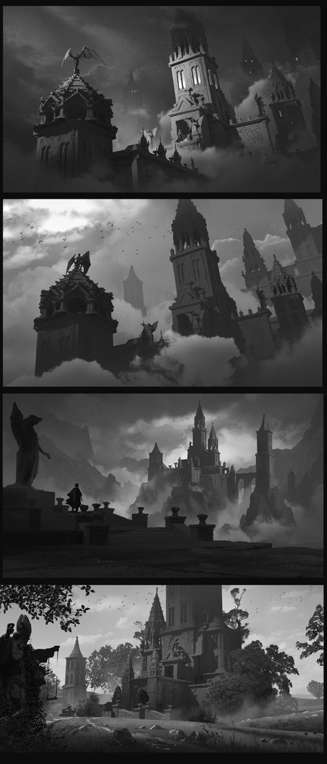 ArtStation - Vampire Castle Vampire Castle Concept Art, Gothic Castle Concept Art, Vampire Castle Art, Dracula Moodboard, Castlevania Background, Castlevania Castle, Black And White Castle, Castle Vampire, Castle On Hill