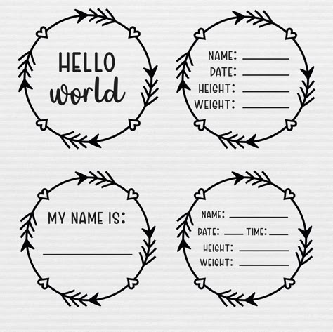 Cricut Birth Announcement Ideas, Birth Stats Template Free Svg, Hello My Name Is Svg, Hello World Baby Announcement, Pictorial Ideas, Diy Birth Announcement, Hello Im New Here Onesie, Birth Announcement Svg, Cricut Hello World Sign