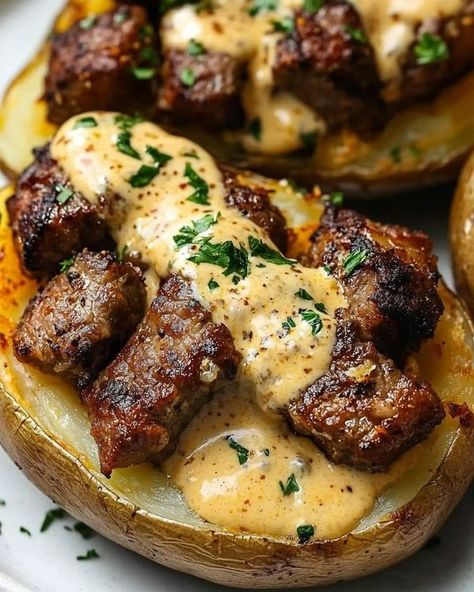 Jamieskitchen Loaded Baked Potato With Steak, Baked Potato With Steak, Baked Potato Dinner, Potato Baked, Crispy Baked Potatoes, Steak Bites Recipe, Stuffed Baked Potatoes, Creamy Parmesan Sauce, Main Dish Casseroles