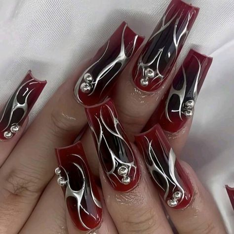 Nib. 24 Piece Nail Set Black And Red Designs With Rhinestones. Red And Silver Nails, Acrylic Nail Set, Ombre Acrylic Nails, Goth Nails, Silver Nails, Rhinestone Designs, Nail Extensions, Artificial Nails, Square Nails