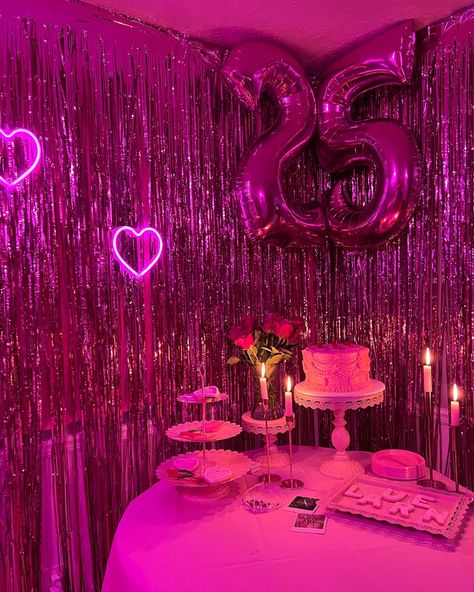 Pink Y2k Party Decorations, Metalic Pink Birthday Party, Pink Party Wall Decor, 25th Pink Birthday Ideas, 25th Party Decorations, Pink Sixteen Party, Pink Birthday Party Women, Neon Pink Sweet 16, Pink 21st Birthday Ideas Outside