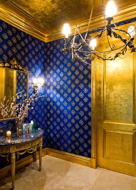 wallpaper for my royal blue & gold room Blue And Gold Room, Formal Wallpaper, Beautiful Powder Rooms, Blue And Gold Bedroom, Powder Room Design Ideas, Gold Dining Room, Tapete Gold, Gold Room, Gold Rooms