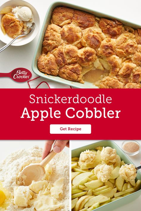 A cookie inspired cobbler? You've got it. We've combined everyone’s favorite cinnamon, sugar, and apple flavors to create an easy dessert. Pick up Betty Crocker sugar cookie mix, sliced apples, and a few other ingredients and we'll show you how it's done. Betty Crocker Snickerdoodle Apple Crisp, Thanksgiving Desert Ideas, Family Deserts, Apple Cobbler Topping, Snickerdoodle Apple Cobbler, Betty Crocker Sugar Cookie Mix, Betty Crocker Sugar Cookies, Soul Kitchen, Betty Crocker Recipes