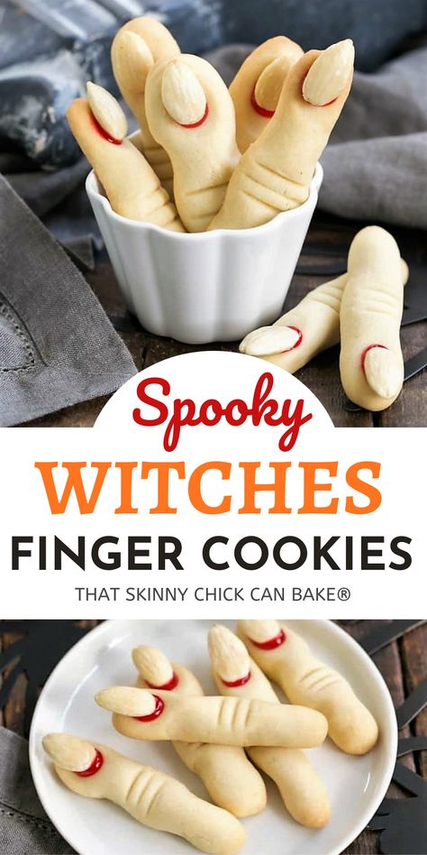 Midevil Costumes, Witch Fingers, Witch Finger Cookies, Pasteles Halloween, Witch Cookie, Finger Cookies, Halloween Cookie Recipes, Spooky Halloween Treats, Witches Fingers