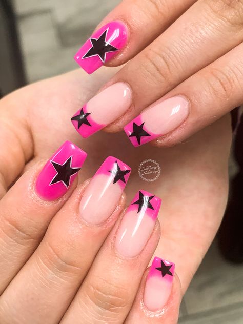 Pink And Black Star Nails, French Tip Acrylic Nails Pink, Black And Hot Pink Nails, Hot Pink French Tip Nails, Hot Pink French Tip, Nail Designs Hot Pink, Nails Pink Acrylic, Acrylic Nails Pink, Pink French Tip Nails