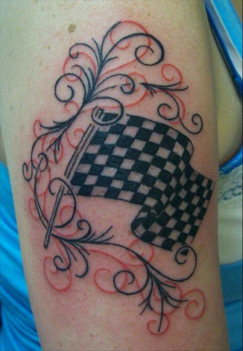 #NASCAR #racing #feminine #swirly #checkeredflag #tattoo Nascar Tattoo, Racing Tattoos For Women, Racing Couple, Poppy Tattoos, Nascar Costume, Racing Tattoos, Poppies Tattoo, Flag Tattoo, Nascar Race