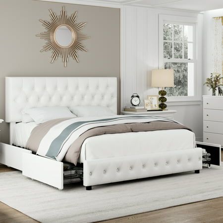 This bed frame with 4 storage drawers is composed of strong natural wood board and quality wooden slats with metal, sturdy and durable. The faux leather headboard can be adjusted to 44.5 or 50 inches high so as to adjust for 10-12 inches mattress. Don't need a box spring, just add your mattress on after easy assembly and you'll be all set. Living in a small space often presents big demands for smart storage. That's what we wanted to do, We made the bed frame with generous drawers, We hope you wi White Headboard Bedroom, White Queen Bed Frame, Cheap Bed Frame, Faux Leather Headboard, Platform Bed Frame Full, Bed Frame With Drawers, White Bed Frame, Storage Platform Bed, Full Size Bed Frame