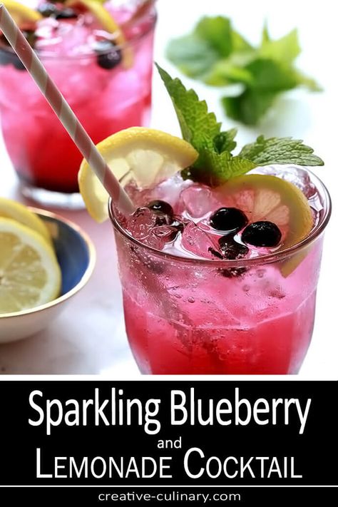 This Sparkling Blueberry Lemonade Cocktail with Vodka is so easy to make, tastes delicious and is beautiful to boot; perfect for summer! Need a Mocktail? Just leave out the vodka! Cocktail With Blueberries, Cocktails With Blueberries, Blueberry Lemonade Cocktail, Blueberry Cocktails, Cocktail With Vodka, Sparkling Strawberry Lemonade, Lemonade Cocktails, Lemonade Cocktail Recipe, Cranberry Lemonade