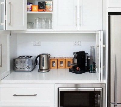 40 Appliance Storage Ideas For Smaller Kitchens Hide Appliances, Small Kitchen Appliance Storage, Rolling Carts, Kitchen Appliance Storage, Modern Kitchen Appliances, Small Kitchen Storage, Appliances Storage, Hidden Compartments, Tiny Kitchen