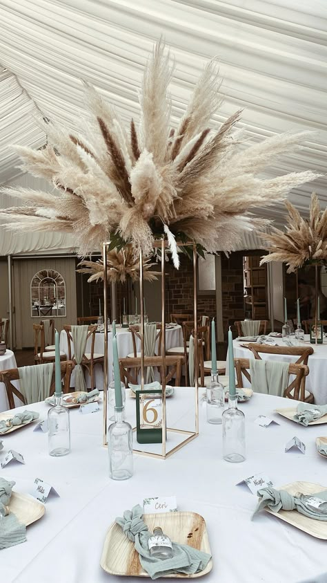 Pampas Grass Seating Chart, Tall Pampas Grass Centerpiece, Boho Floral Centerpieces, Champagne Wedding Colors Scheme, Pampas Wedding Decor, Neutral Wedding Decor, Grass Centerpiece, Boho Centerpiece, Glam Wedding Dress