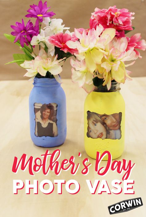 Mother’s Day is around the corner and if there’s any way to cherish mom, it’s to always remember her – even after Mother’s Day! This DIY Friday, we will be making a memorable photo vase in honor of Mom. Use it to decorate or even gift to that special Mom in your life! Happy Mother’s Day! . . . #MyCorwin #DIY #Activities #MothersDay #Mom #MomLife #MasonJar #Crafts #ActivityDirectorIdeas #Design #Print #Deliver #CorwinDesign Mothers Day Vase, Mason Jar Photo, Photo Centerpieces, Flower Vase Crafts, Craft Presents, Mother's Day Projects, Mother's Day Activities, Mason Jar Vases, Vase Crafts