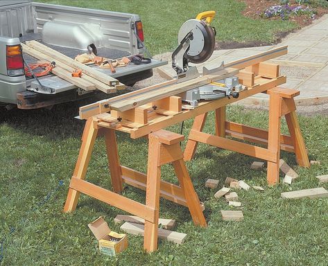 Portable Miter Saw Station | Woodsmith Plans - Portable, sturdy, adjustable, and accurate. This miter saw station has it all. Mitersaw Station, Saw Horse Table, Miter Saw Station, Miter Saw Stand, Miter Saw Reviews, Saw Station, Woodsmith Plans, Mitre Saw Station, Miter Saw Table