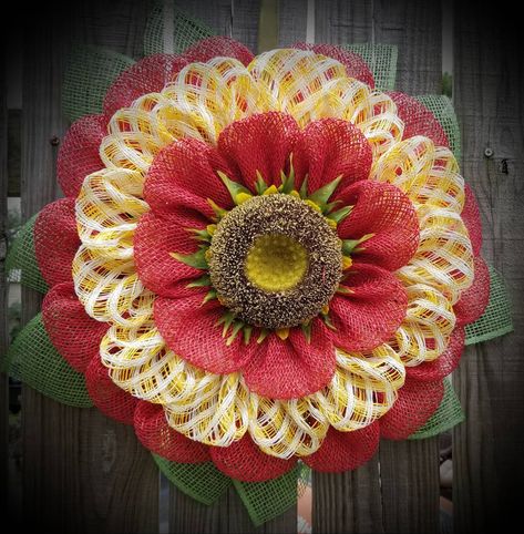 "This is a very bright and cheerfully Red and Yellow check mesh flower. A return customer of mine special requested the colors. The color combo makes this flower wreath bright and cheerfull. Approximately 23\"/x23\" in diameter. Made with high quality materials. An authentic looking center." Sunflower Deco Mesh Wreath, Deco Mesh Sunflower Wreath, Red And Yellow Wreath, Mesh Sunflower Wreath, Red Truck Sunflower Wreath, Zinnia Wreath, Bunny Wreath Diy, Burlap Flower Wreaths, White Wall Decor