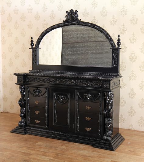 Black Neoclassical Gothic Dresser Chest w/ Mirror & Carved Figures Gothic Jewelry Organizer, Gothic Furniture Bedroom, Black Gothic Furniture, Gothic Black Dresser, Gothic Furniture Diy Dressers, Gothic Changing Table, Gothic Apartments, Victorian Gothic Furniture, Neo Gothic Interior Design