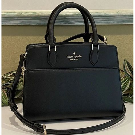 This Kate Spade Madison Small Crossbody Bag Is A Must-Have For Any Occasion. With Its Sleek Black Leather Exterior And Gold Hardware Accents, This Bag Is Perfect For Travel, Weddings, Parties, Workwear, Or Casual Outings. The Bag Features A Zip Closure And Detachable Strap For Added Convenience. It Is 8.5" Across The Top And 9.5" Across The Bottom With A 7" Height And 4.5" Depth. The Bag Also Has Bottom Studs, An Adjustable Strap, And A Matte Finish. The Interior Of The Bag Is Lined With Black J Kate Spade Aesthetic Bag, Kate Spade Purse Crossbody Handbags, Black Purse Designer, Kate Spade Bag Aesthetic, Black Purses And Handbags, Black Purse Aesthetic, Kate Spade Bag Black, Purse Aesthetic, Crossbody Leather Bag