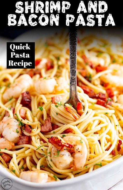 This Shrimp and Bacon Pasta Recipe is perfect for an easy dinner with friends but quick enough for a busy weeknight meal! It is ready in under 25 minutes and uses just a handful of ingredients. The garlic shrimp and bacon work so well together, and when stirred through pasta noodles, it is just an absolutely fantastic combination. A must for seafood lovers! Shrimp And Bacon Pasta, Shrimp And Bacon, Bacon Pasta Recipes, Clean Dinner, Quick Pasta Recipes, Pasta Meals, Bacon Pasta, Night Friends, Simple Dinner