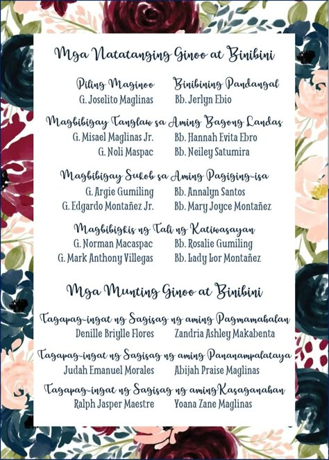 Natatanging Ginoo at Binibini. Secondary Sponsors' Page. Tagalog. Tagalog Invitation Wedding, Filipiniana Wedding Theme Invitation, Filipiniana Invitation, Filipino Wedding Invitation, Wedding Invitation Content, Fiesta Wedding Theme, Sunflower Wedding Invitation Template, Filipiniana Wedding Theme, Boho Wedding Colors