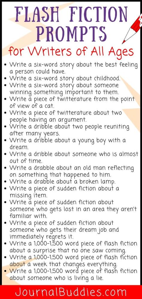 Flash Fiction Prompts, Fiction Prompts, Homeschool Writing Prompts, Creative Writing For Kids, Creative Writing Worksheets, Journal Prompts For Kids, High School Writing, Writing Prompts For Kids, Middle School Writing