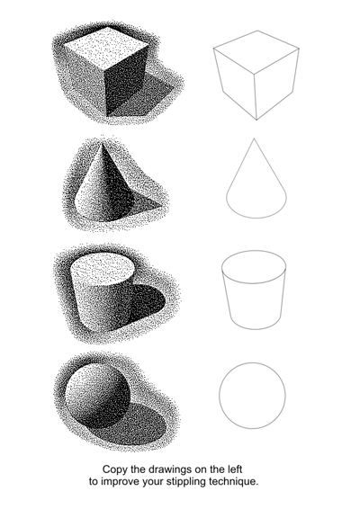 value exercises  (Copy the drawings on the left to improve your stippling technique) Classe D'art, Art Handouts, Stippling Art, Elements And Principles, Art Worksheets, Value In Art, Principles Of Art, School Art Projects, Ink Drawings