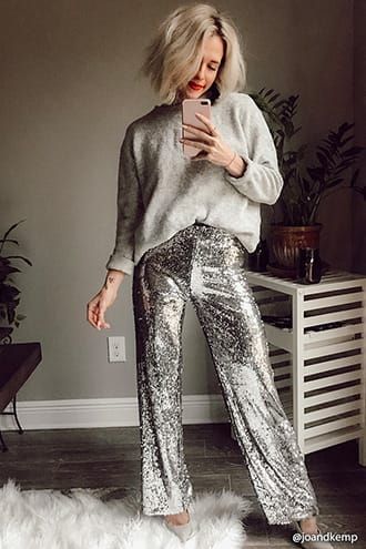 Silver Sequin Pants Outfits, Sparkle Pants Outfit, Silver Sequin Pants, Sequins Pants Outfit, Glitter Pants, Sequin Pant, Party Outfits For Women, Sequin Pants, Sequin Outfit