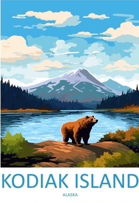 Alaska Drawing, Alaska Illustration, Alaska Painting, Painted Landscapes, Kodiak Island, Wanderlust Decor, American National Parks, Nature Valley, Postal Vintage