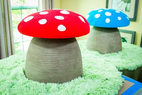 Diy Mushroom Stool, Fun Buildings, Home And Family Crafts, Classroom Stools, Stool Diy, Diy Mushroom, Mushroom Chair, Mushroom Stool, Hallmark Homes