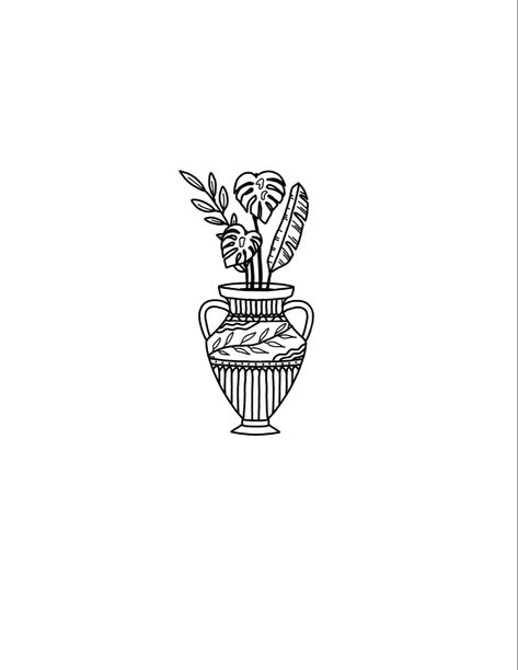 Vase Tattoo Fine Line, Greek Pot Tattoo, Greek Flowers Tattoo, Small Greek Tattoos, Greek Vase Tattoo, Sardine Tattoo, Vessel Tattoo, Vase Tattoo Design, Monstera Tattoo