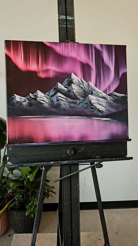 Northern Lights Mountains Painting, Landscape Paintings Beginner, Colourful Landscape Paintings, Oil Painting For Beginners Step By Step, How To Paint Mountains, Painting Ideas Mountains, Painting Ideas Scenery, Gift Painting Ideas, Pink Landscape Painting