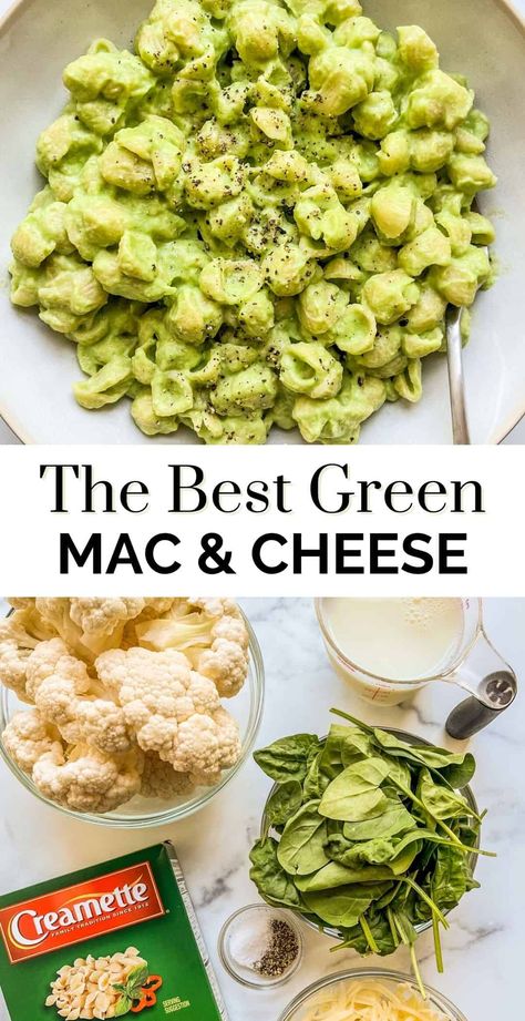 This fun and tasty green mac and cheese will be a hit with the whole family! Mac And Cheese Recipe Veggie, Spinach Cauliflower Mac And Cheese, Green Macaroni And Cheese, Veggie Meals For Picky Eaters, Blw Mac And Cheese, Green Mac N Cheese, Healthy Max And Cheese, Blw Lunch Ideas 1 Year, Healthy Mac And Cheese For Kids