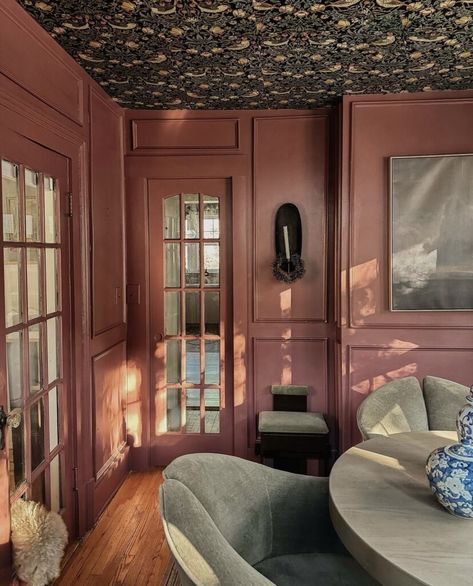 11 Best Moody and Romantic Bedroom Paint Colors Romantic Mauve Bedroom, Moody Nursery Paint Colors, Aesthetic Paint Colors For Bedroom, Rich Moody Paint Colors, Brown Bedroom Paint Ideas, Moody Mauve Living Room, Deep Pink Room, Wallpaper Statement Wall Bedroom, Rambling Rose Sherwin Williams