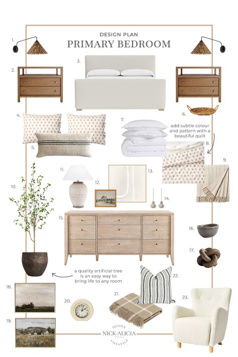 Modern Classic Primary Bedroom, Mcgee And Co Primary Bedroom, Primary Bedroom King Bed, Mixing And Matching Bedroom Furniture, Curated Bedroom Furniture, Master Bedrooms Organic Modern, How To Mix Furniture Styles In Bedroom, Bedroom Furniture Combination, Light Wood Bedroom Set