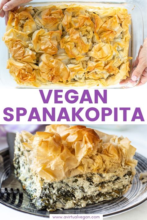 Vegan Spanakopita Recipe, Vegan Spanokita, Vegan Spinach Pie Recipe, Savory Vegan Dinner Recipes, Vegan Pie Recipes Savory, Vegan Vegetable Pie, Greek Food Vegan, Vegan Spinach Pie, Vegan Dinner Sides