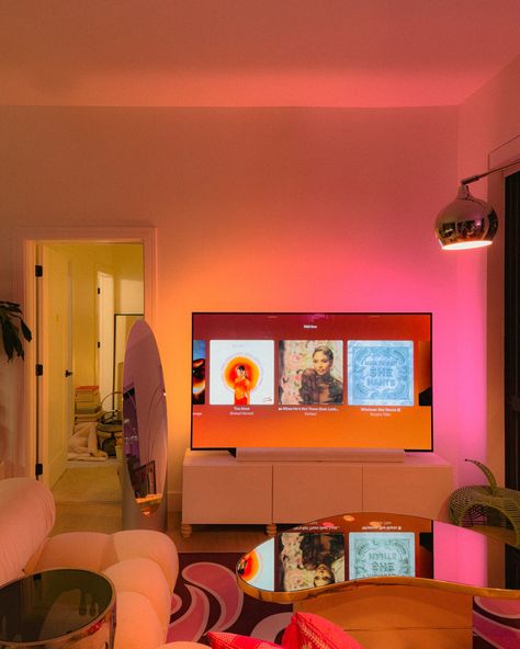 Dream apartment: night time edition✨ Comment “lighting” for the link to the tv light strips I’m using in my apartment.💡 #homedecor #apartmentdecor #cityapartment #dreamapartment #apartmentliving #huelights #huelightstrips #huelighting Tv Back Light, Tv At Night Aesthetic, Apt Lighting Ideas, Lights Under Couch, Led Behind Tv, Apartment Lighting Solutions, Ambient Lighting Aesthetic, Couch Lighting, Ambient Lighting Living Room