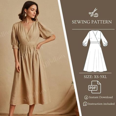 Elegant linen dress pattern featuring a V-neck, puff sleeves, and lantern sleeves, perfect for a stylish and effortless look.. #patterns #free #pdf Woven Dress Pattern, Linen Dress Sewing, Linen Dress Pattern, Dress Sew, Sew Dress, Dress Puff Sleeve, Fashionable Dress, High Waist Dress, Dress Linen