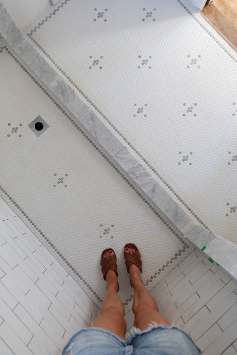 Our DIY Patterned Penny Tile Floor at the Poplar Cottage — The Grit and Polish Small Bathroom Floor Tile Designs, Bathroom With Penny Tile, Penny Round Tile Bathroom, Penny Tile Bathroom, Penny Tile Floor, Penny Tile Bathroom Floor, Blue Penny Tile, Tile Shower Floor, Painted Bathroom Floors