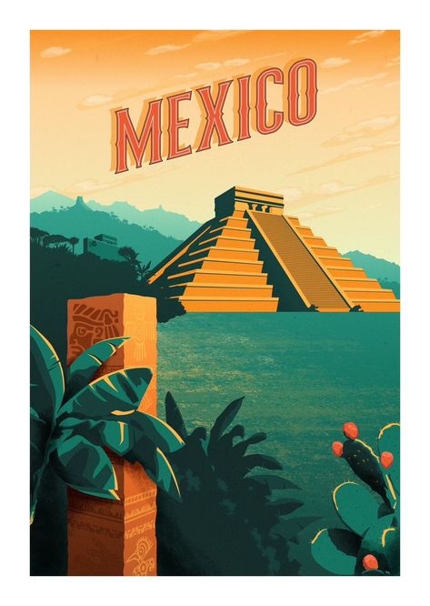 Mexico Vintage Poster, Mexico Poster Design, Destination Poster Design, Country Poster Design, Mexico Wall Art, Vector Travel Poster, Vacation Poster Design, Mexico Illustration, Mexico Travel Poster