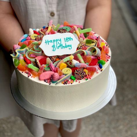 It's not too late to make this week sweet . . . how about a candy crush cake 🍭🍬🌈🎈 Cake Decorated With Sweets, Gummy Worm Cake, Sweetie Cakes Birthday, Candy Covered Cake, Fun Cakes For Kids, Sweet Themed Cake, Candy Topped Cake, Sweet Cakes Birthday Kids, Lollie Cake