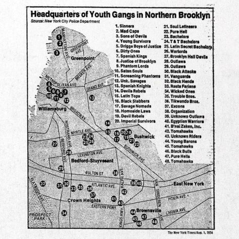 Gangs Of 1970s New York, Mapped Gang Names, The Bowery Boys, Gang Activity, Mad Cap, Spanish King, Gangs Of New York, Gang Culture, Dangerous Minds, Map Of New York