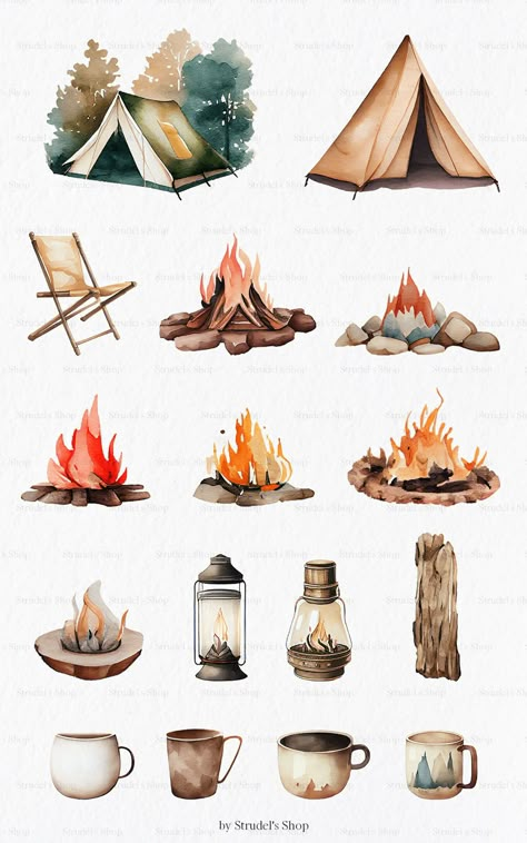 Camping Scrapbook Ideas, Outdoor Adventure Aesthetic, Camp Illustration, Camping Watercolor, Cute Digital Stickers, Camping Png, Architecture Drawing Sketchbooks, Preppy Stickers, Free Vintage Printables